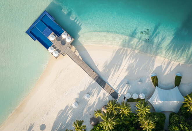 Conrad Maldives Rangali Island Quiet zone infinity pool drone shot 